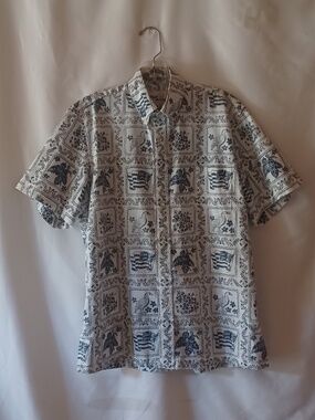Reyn Spooner Lahaina Sailor White Blue Reverse Print Hawaiian Shirt Men's XS